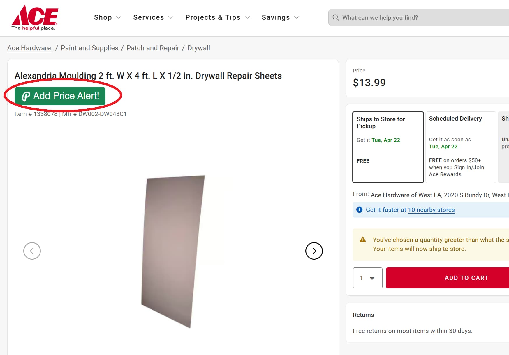 Ace Hardware price tracker button for product price drop alerts and price history