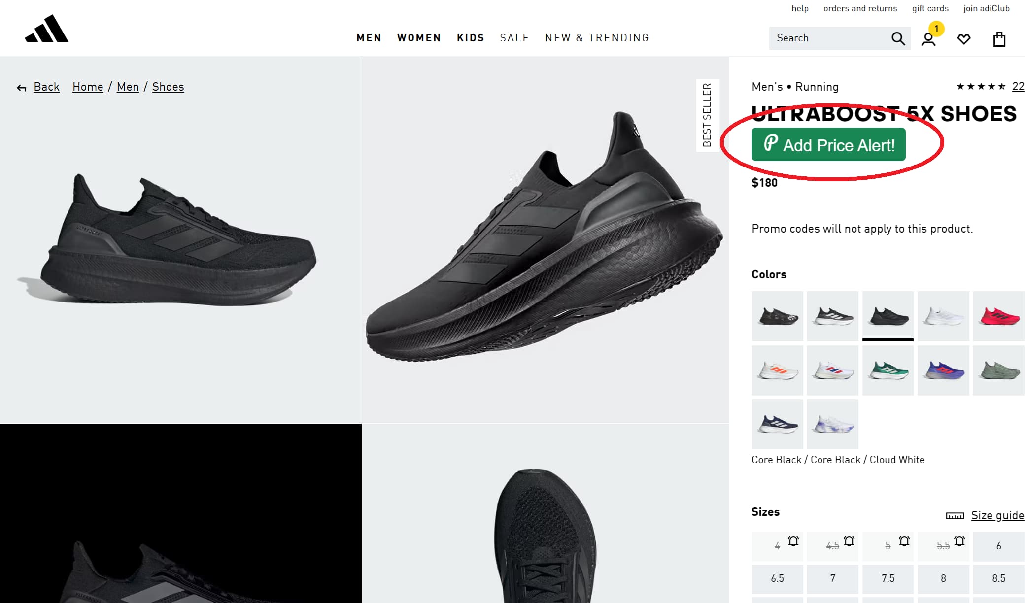Adidas price tracker button for product price drop alerts and price history