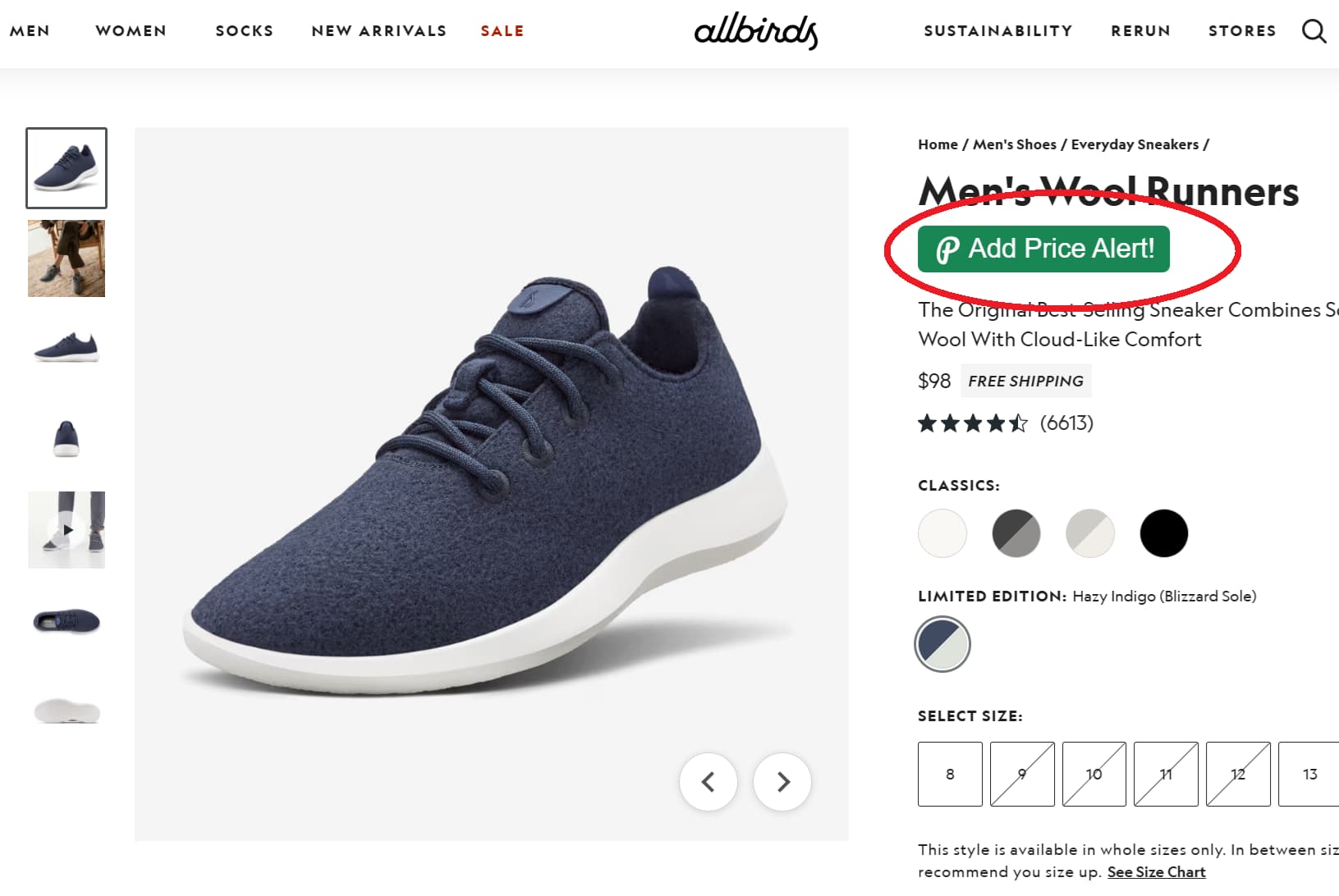 Allbirds price tracker button for product price drop alerts and price history