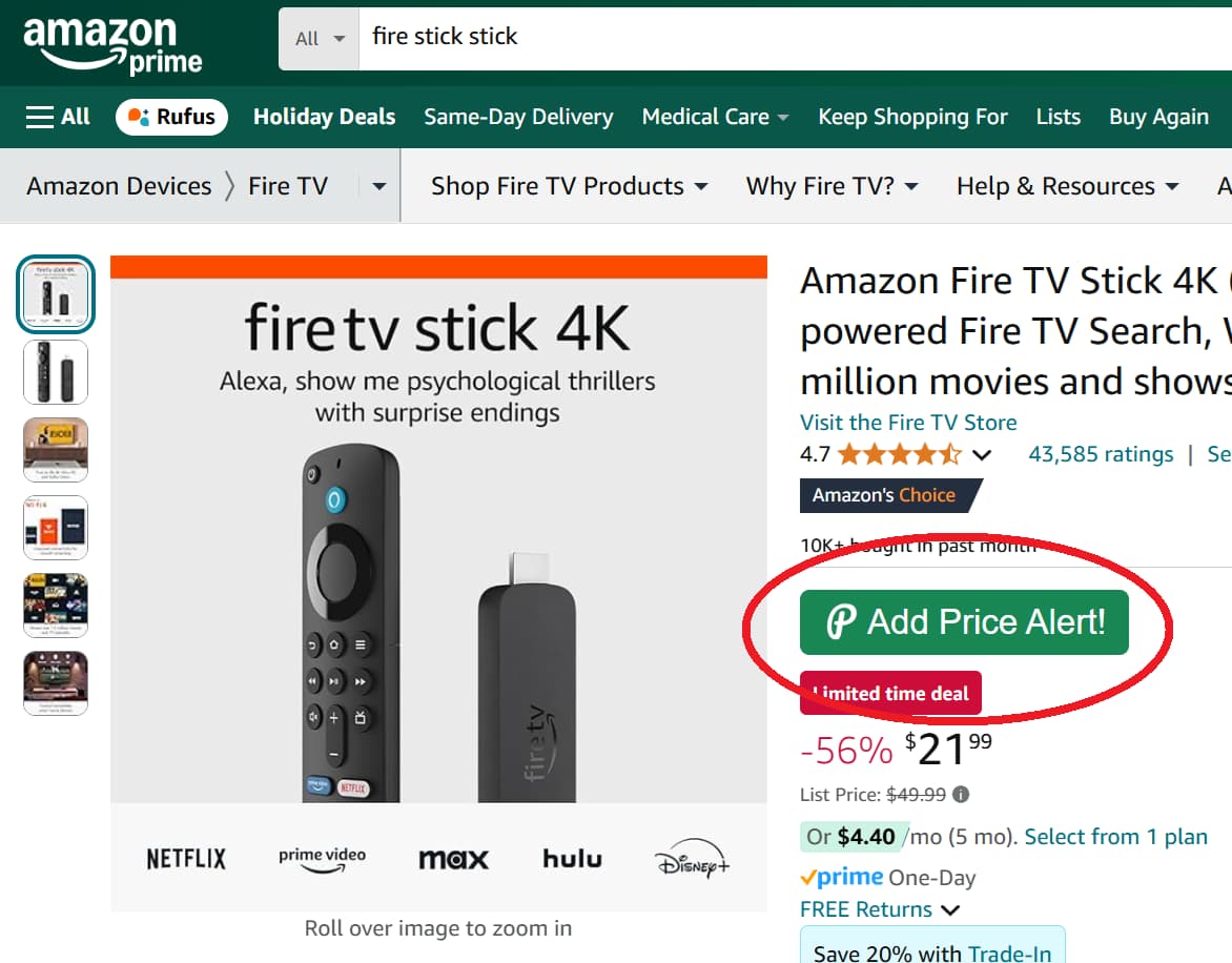 Amazon price tracker button for product price drop alerts and price history