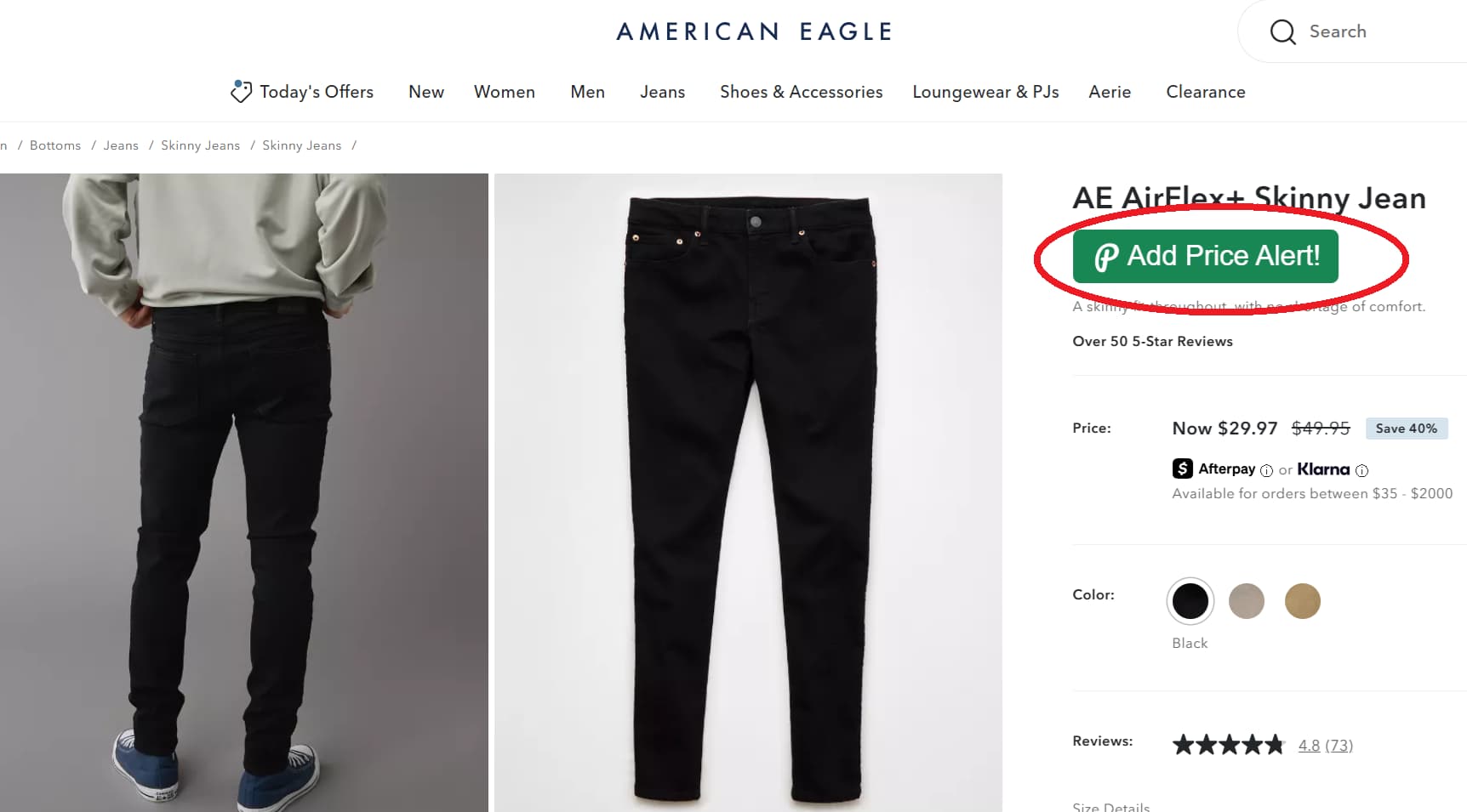 American Eagle price tracker button for product price drop alerts and price history