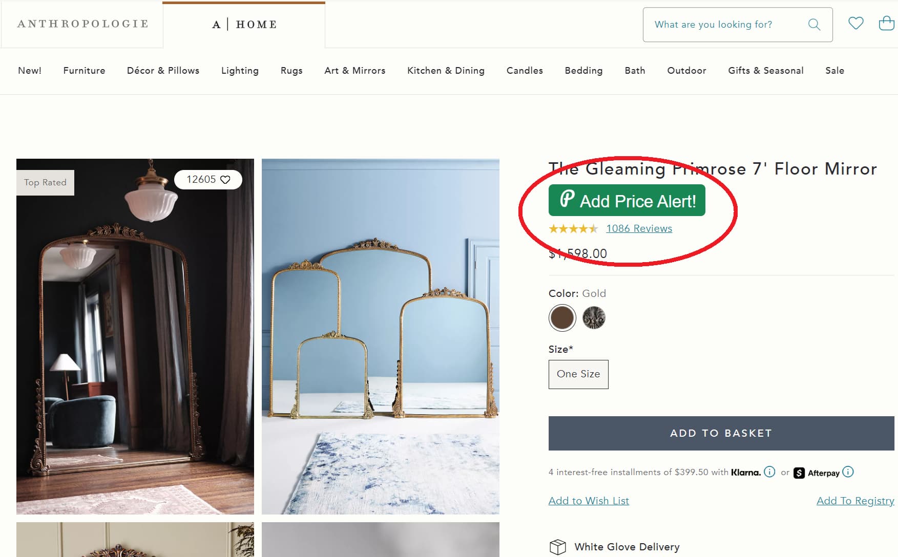 Anthropologie price tracker button for product price drop alerts and price history