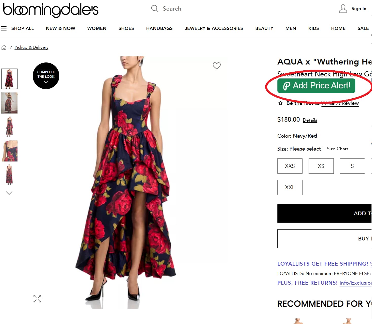 Bloomingdales price tracker button for product price drop alerts and price history