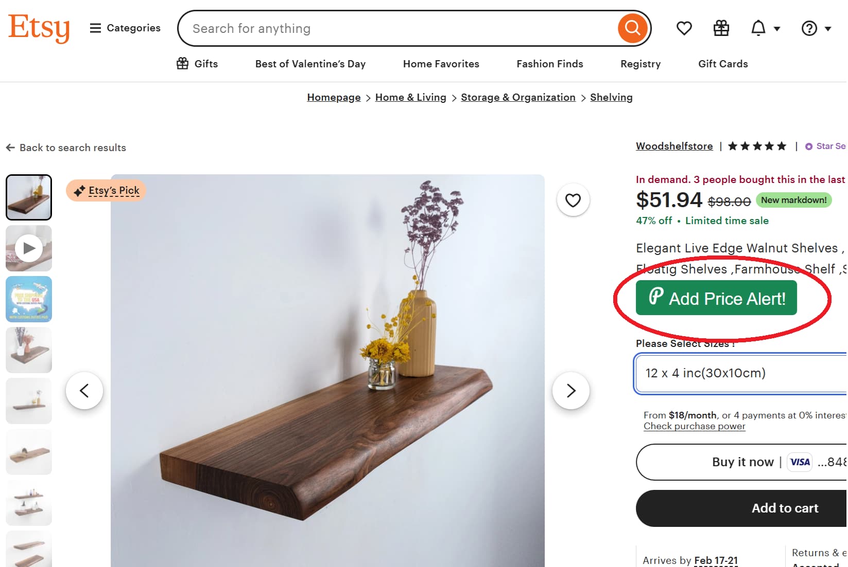 Etsy price tracker button for product price drop alerts and price history