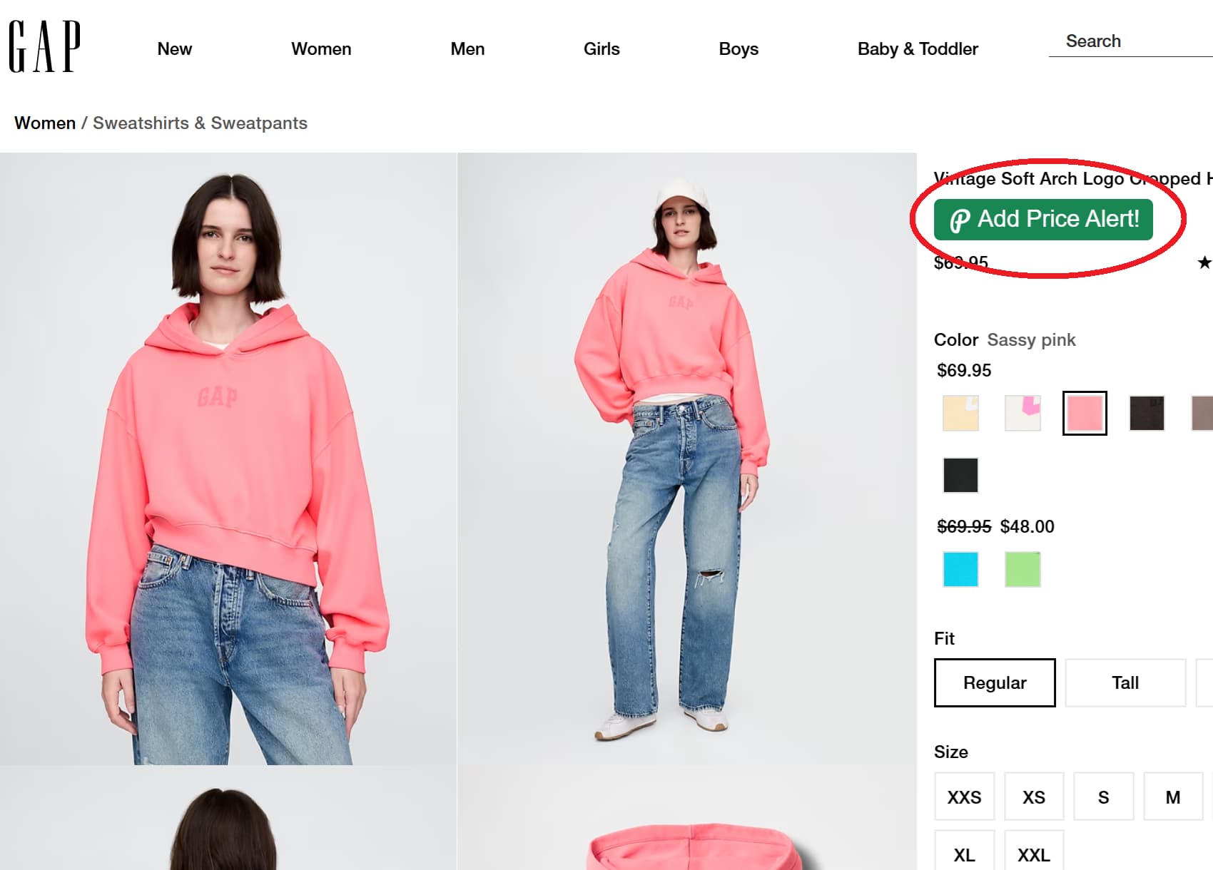 Gap price tracker button for product price drop alerts and price history