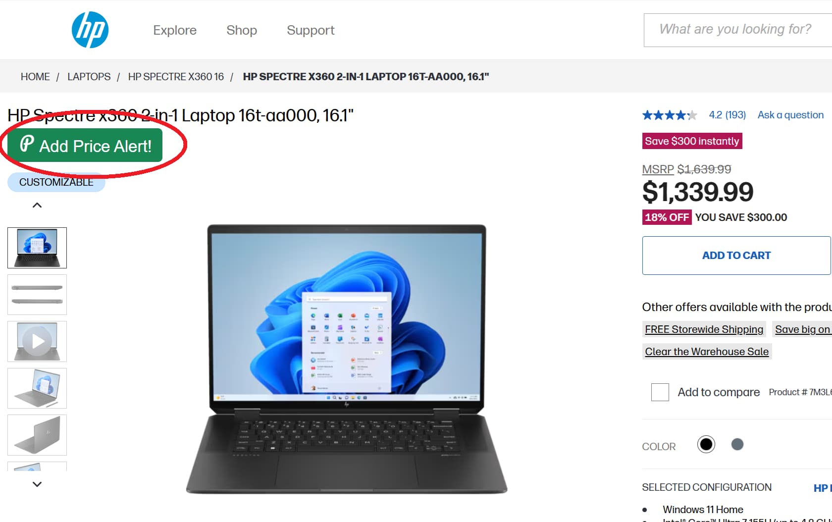 HP price tracker button for product price drop alerts and price history