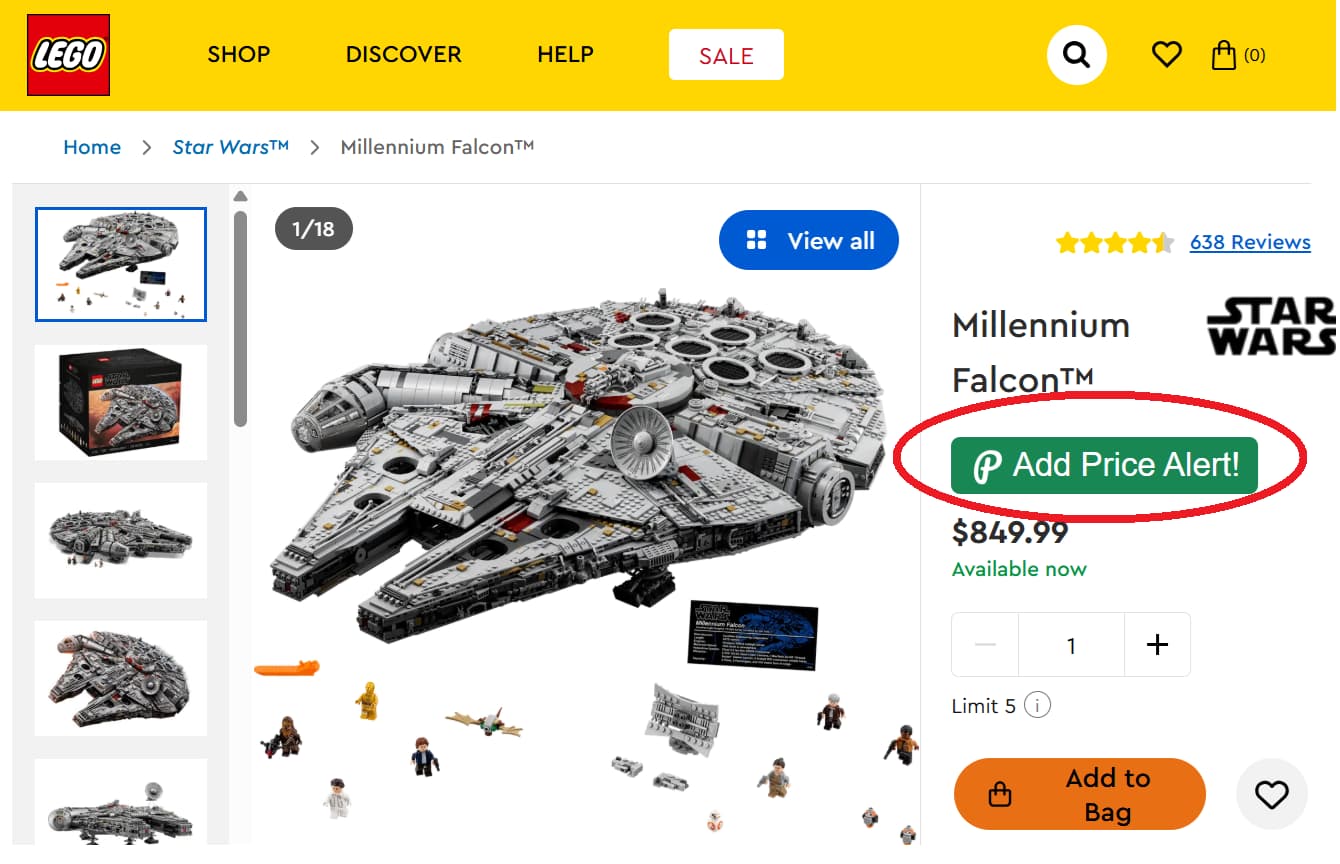 Lego price tracker button for product price drop alerts and price history