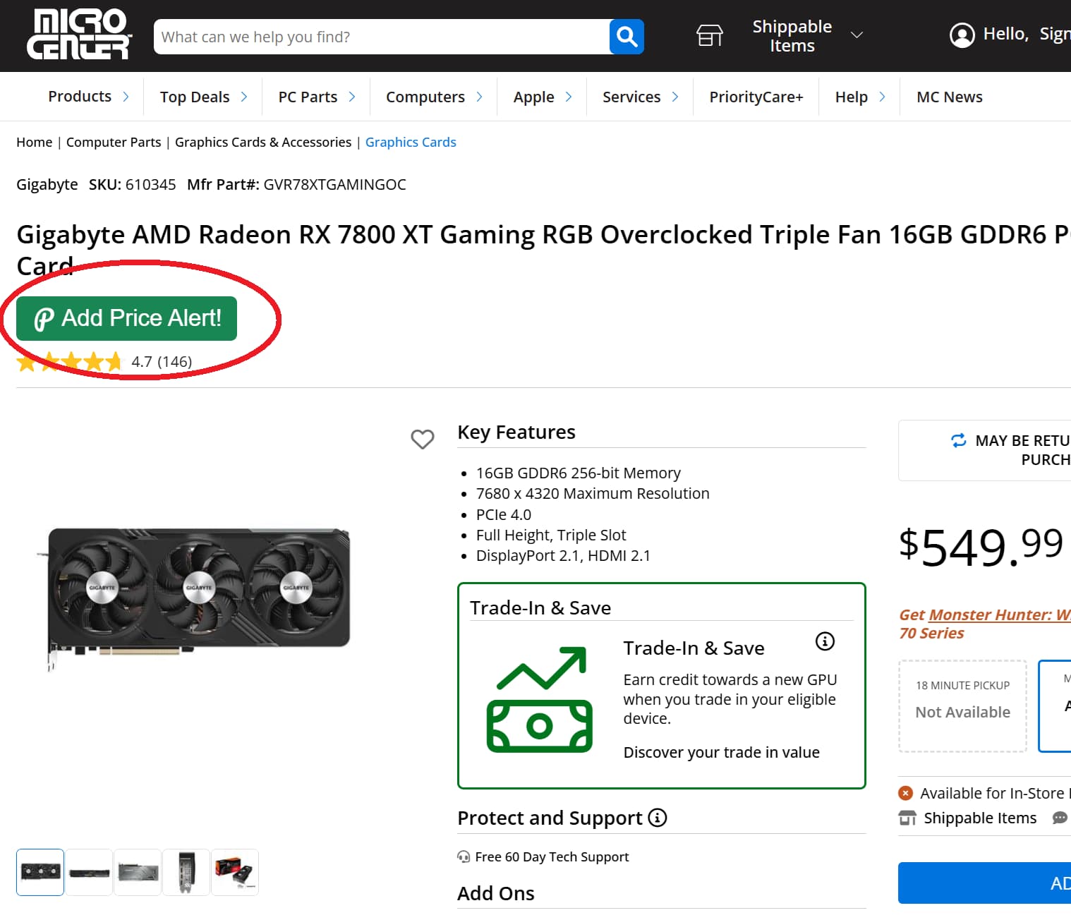 Micro Center price tracker button for product price drop alerts and price history