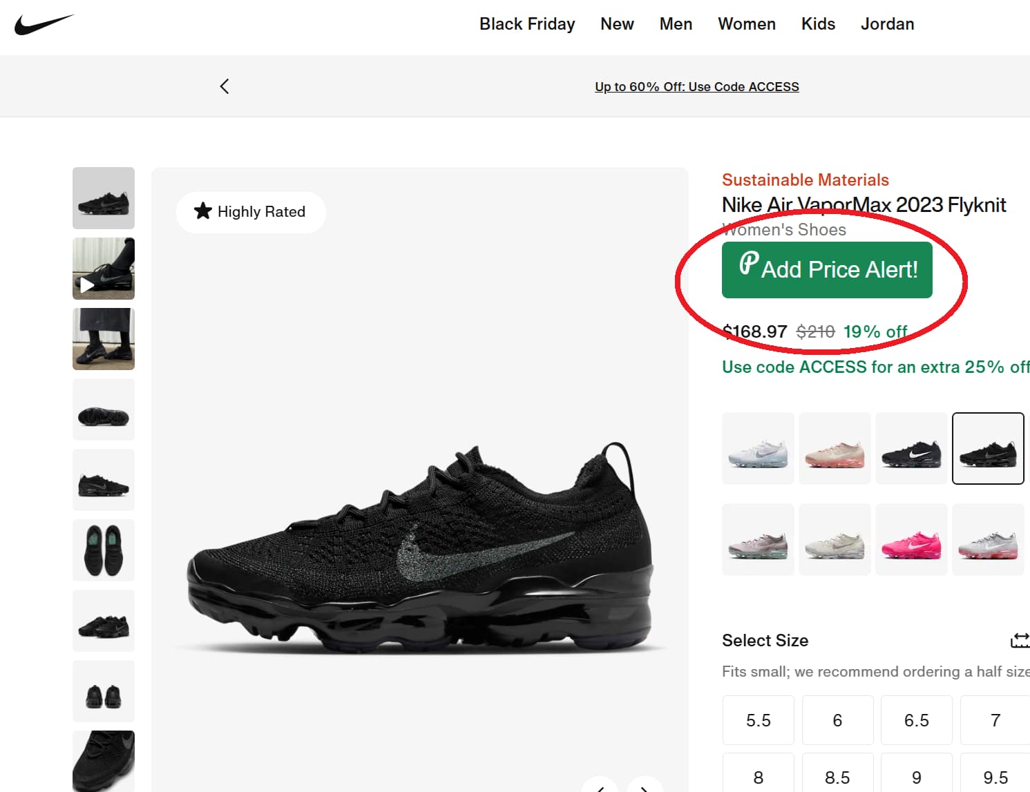 Nike price tracker button for product price drop alerts and price history