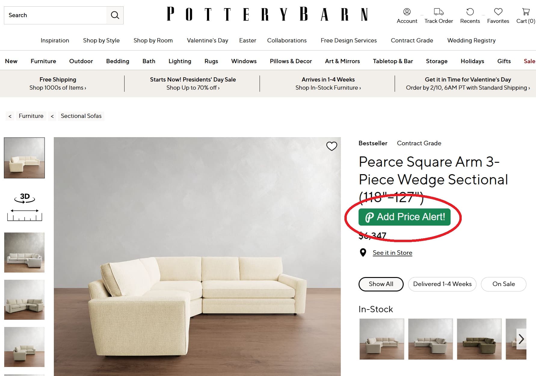 Pottery Barn price tracker button for product price drop alerts and price history